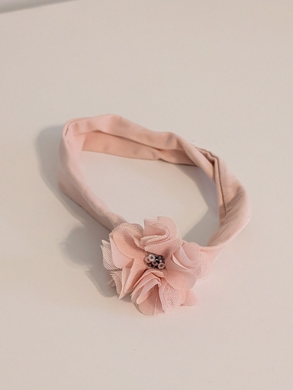 Baby Girl Soft Stretch Knit Flower Headband – Blush Pink Mesh Chiffon Flower